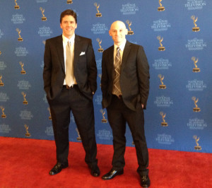 Jeff Belanger and Tony Dunne on the red carpet at the 2014 Emmy Ceremony in Boston.