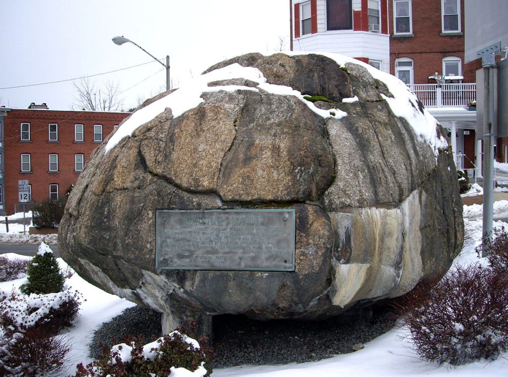 Rollstone Boulder at the corner of Main Street and Rt. 31 in Fitchburg, Massachusetts.