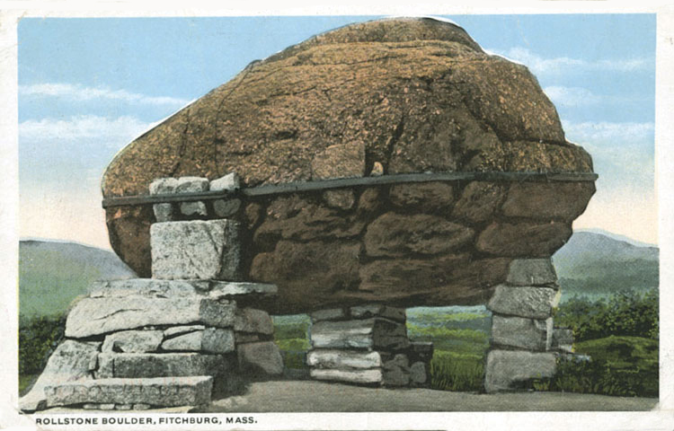 A postcard of Rollstone Boulder when it sat atop Rollstone Hill in Fitchburg.