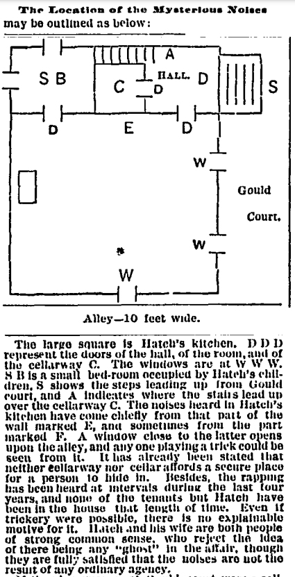 A diagram of the manifestations at 12 Gould Court from the March 4, 1884 Boston Daily Globe.