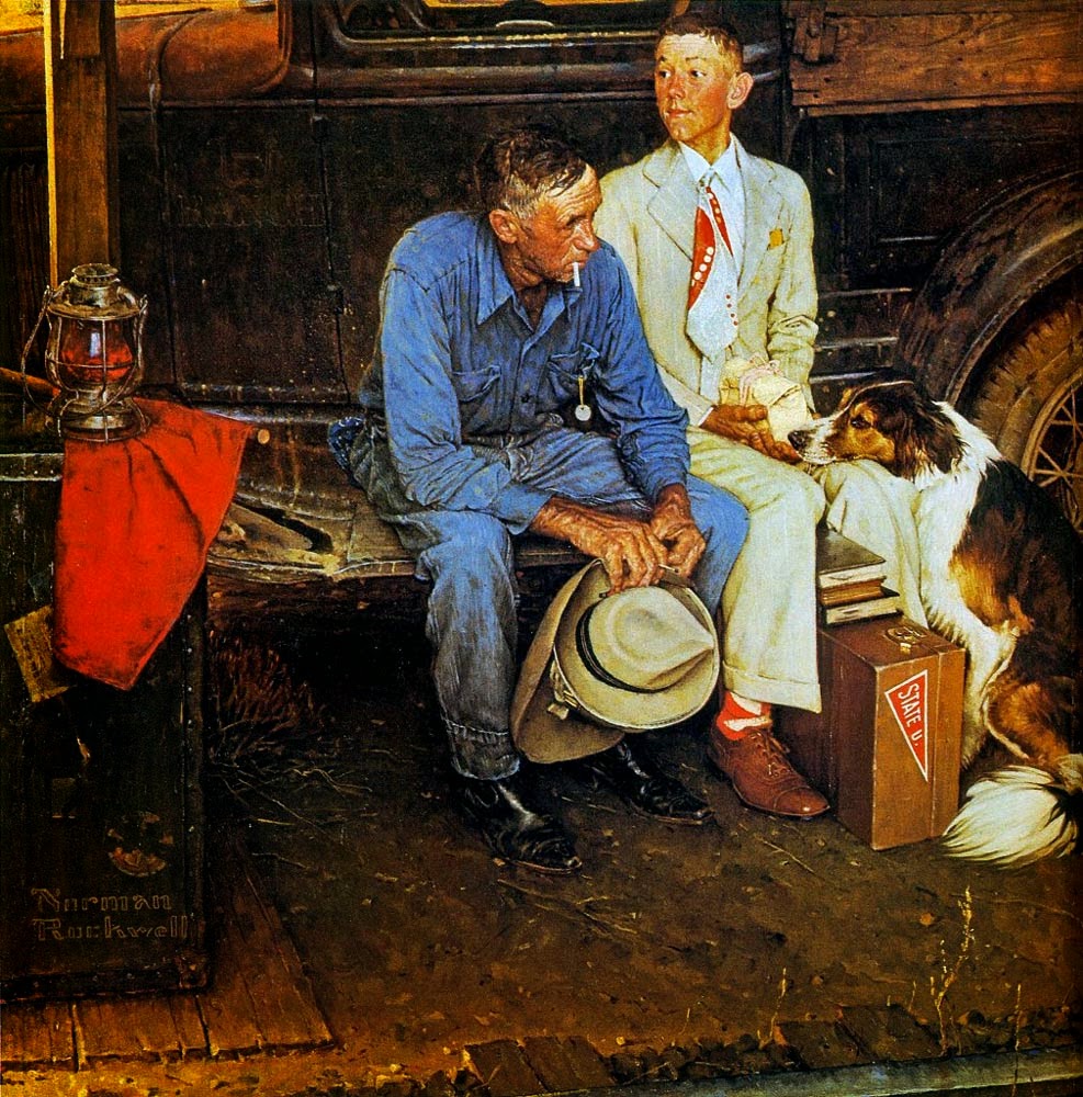Norman Rockwell's painting "Breaking Home Ties" first appeared on the cover of the September 25, 1954 Saturday Evening Post. A forgery of the painting was displayed in the Rockwell Museum for years.
