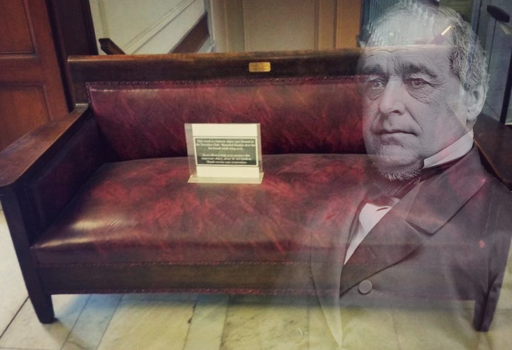 The couch where Vice President Hannibal Hamlin died is on display at the Bangor Public Library.
