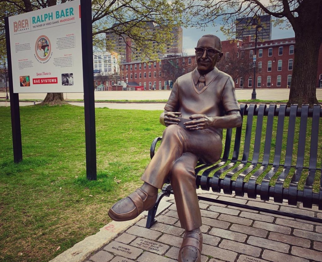 The Ralph Baer statue in Manchester, New Hampshire. 
