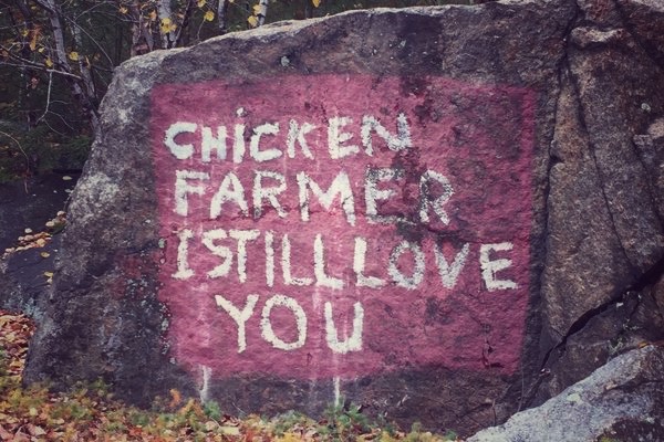 Chicken Farmer I Still Love You rock on Rt. 103 in Newbury, New Hampshire.