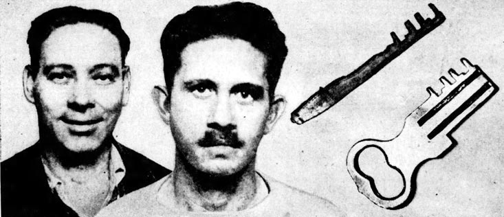 John Giles (left) and Edgar Cook (right) and the key they fashioned out of a toothbrush in their dramatic escape that ended in Concord, New Hampshire.