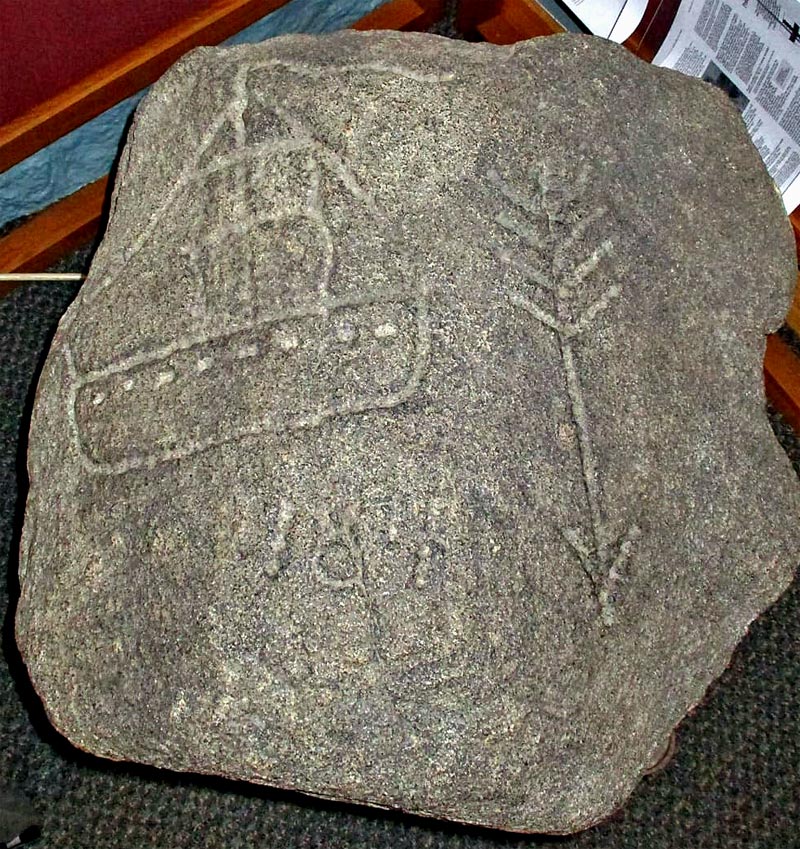 The Ship Stone on display at the J.V. Fletcher Library, 50 Main St., Westford, MA.