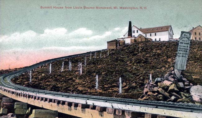 A 1907 postcard showing the Lizzie Bourne memorial on Mt. Washington.
