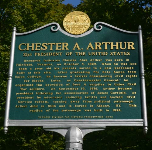 The Vermont historic marker outside of the birth house site in Fairfield, Vermont.