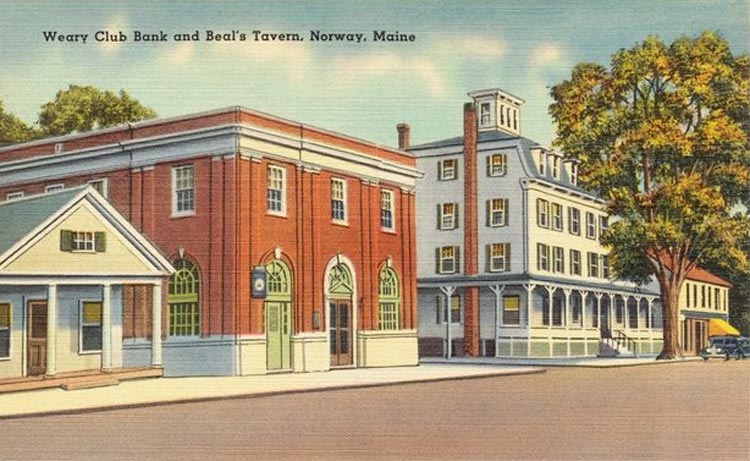 Postcard of Main Street in Norway, Maine, showing the Weary Club, bank, and Beal's Tavern.