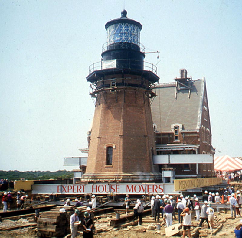 Moving Southeast Light away from the cliff on Block Island. 