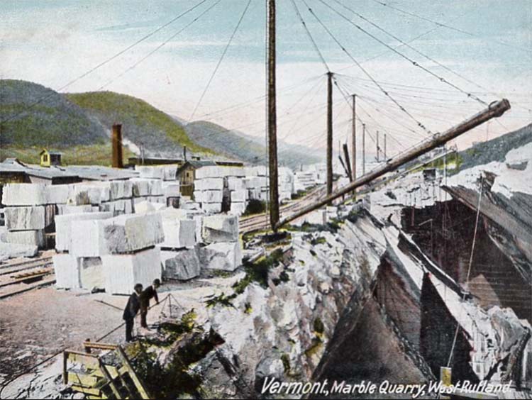 Historic postcard of a quarry in West Rutland, Vermont.