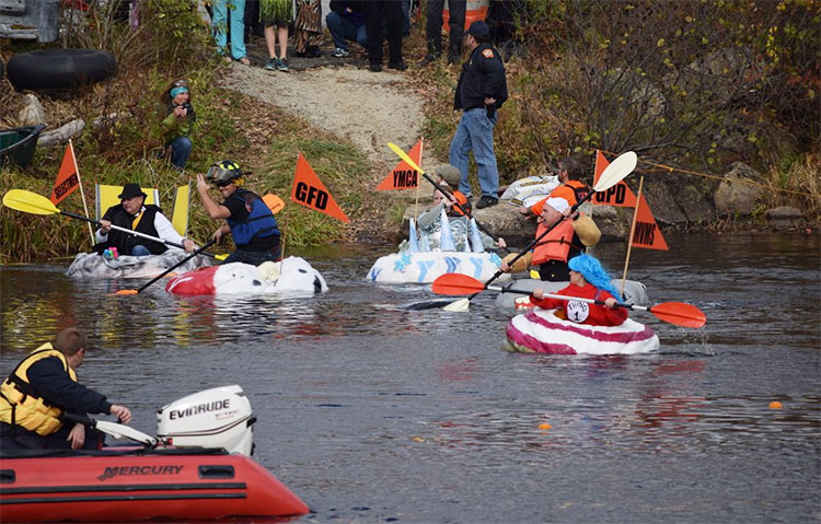 Racers getting ready for the Giant Pumpkin Regatta in Goffstown, New Hampshire.