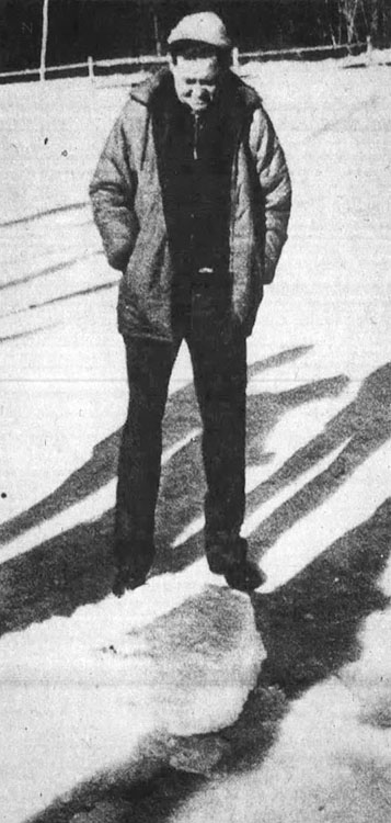 William McCarthy standing on his frozen pond in Wakefield, New Hampshire, in 1977.
