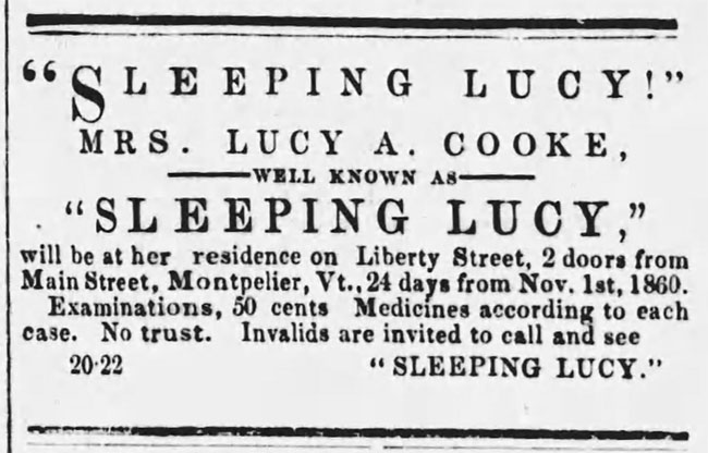 Newspaper ad for "Sleeping Lucy" and her medical services.