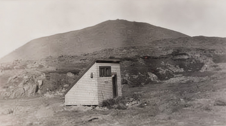 The first version of the Lakes of the Clouds Hut in the saddle between Mt. Washington and Mt. Monroe.