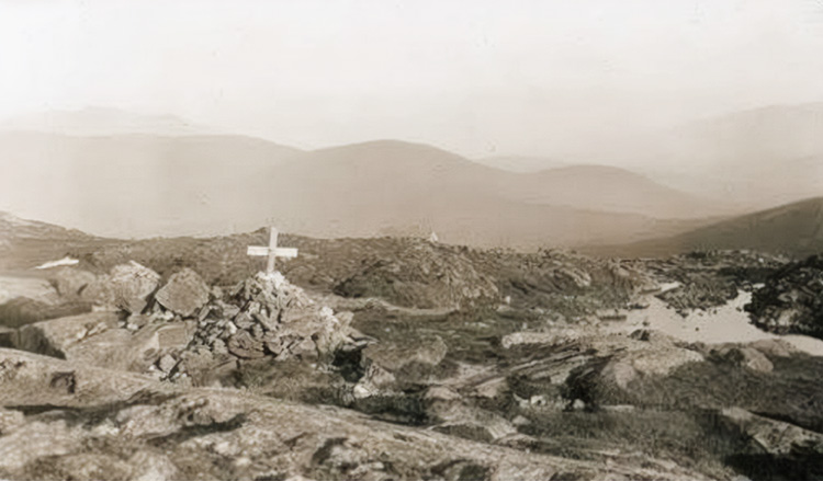 The cross marking where William Curtis perished in the White Mountains on June 30, 1900.