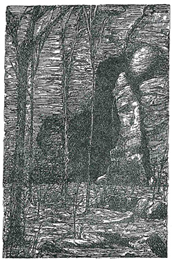 Drawing of Squaw's Cave of Bolton Notch State Park from the book The Story of Wunnee-Neetunah, or The Life of an Indian Princess of Connecticut by Mathia Spiess circa 1934.